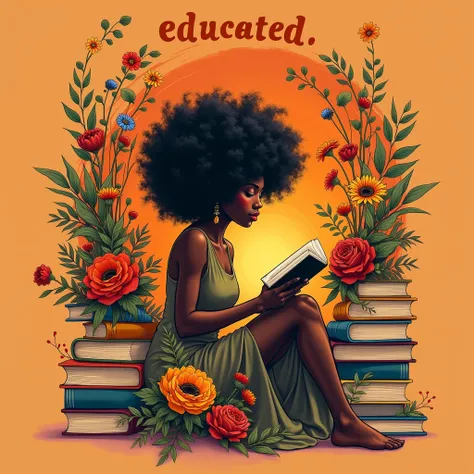 black background,hand drawing,vibrant painting artistic T-shirt design of an empowering Black woman sitting gracefully while reading a vibrant book.Her curly hair should seamlessly blend into an explosion of bright flowers and leaves in shades of orange, r...