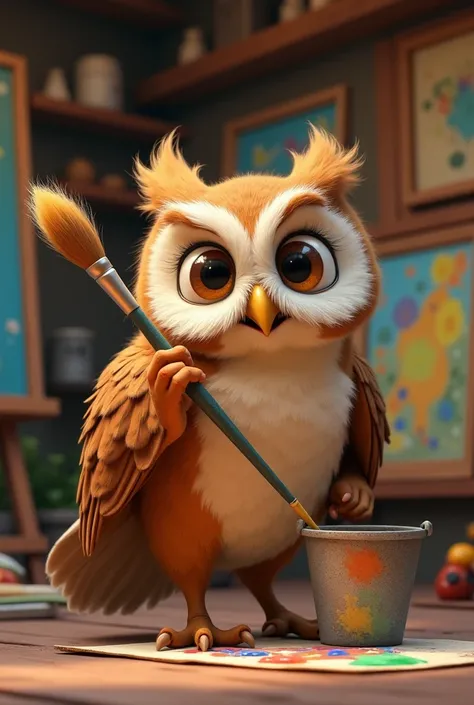 Animated image of an owl holding a brush in his right hand 、 with a bucket in his left hand
