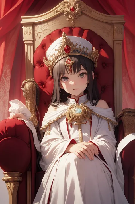 A grand glod shiny wide throne with red cushions for an emperor. Front pov, white background.