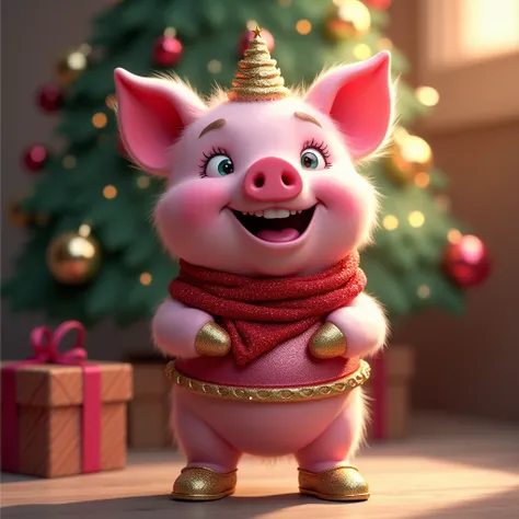   Pink pig , dressed in shiny clothes, face mask ,  cheerful smiles , opening your mouth a little, stands on its hind legs,shoes,  celebrates Christmas at the tree 12K 