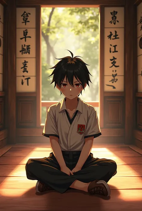 A male schoolgirl sits in a temple and makes a sad face.