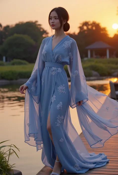 masterpiece, solo, western-style dress made from Japanese yukata fabric, thin and soft fabric, indigo blue with morning glory patterns, elegant gown, long flowing sleeves inspired by traditional kimono, obi-like waist detail, modern fusion, delicate embroi...