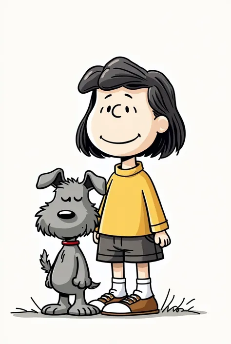 Gray Schnauzer with its owner  (Woman with very short dark gray hair)  drawn in the penuts drawing style/Snoopy