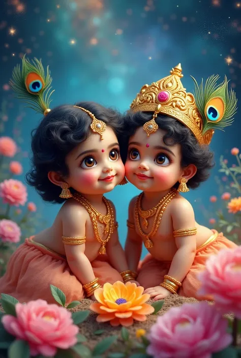 generate a high quality of three year old indian babies as radha & krishna , & it should be looks like very amazing like galaxy , stars , flowers & colourful ,lord krishna has a golden crown with peacock feather in it, lord kris