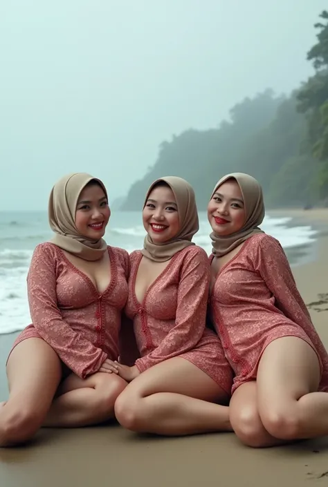 55 years old , three (3) Malaysian woman ,  wearing beige pashmina hijab ,  Wearing a red batik patterned transparent shirt, and ((wear transparent panties in vanilla color thong model)), baand montok , pretty face, red lips, Sensual smile , bitten lip ((t...