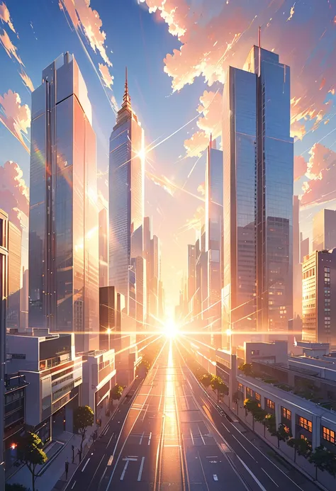 Sunrise, shine, skyscrapers, wide streets