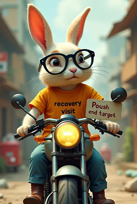 A rabbit, with black specticle & red-yellow tshirt having text Shyam Sundar, riding a motorcycle having text "Recovery visit" carrying a card with text poush end target.