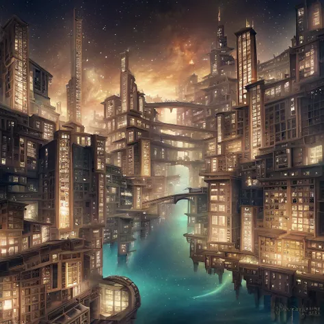 A surreal, glowing cityscape suspended in the cosmos, with streams of shimmering light connecting floating buildings.