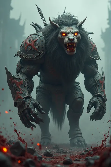 "An epic super hybrid creature combining the features of a powerful lion and a warhorse. The creature has an imposing, muscular and terrifying body, covered with intricate, battle-worn armor decorated with dragon motifs and crimson blood-like patterns. Lar...