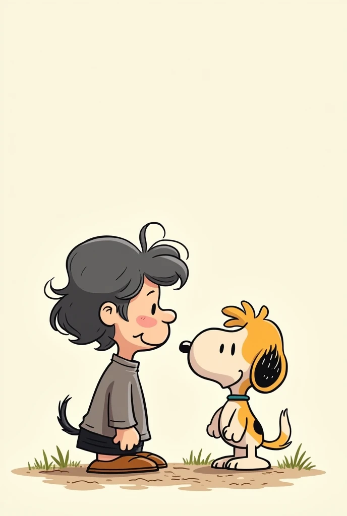 Female Chihuahua dog with its owner (Woman with very short dark gray hair)  drawn in the penuts drawing style/Snoopy