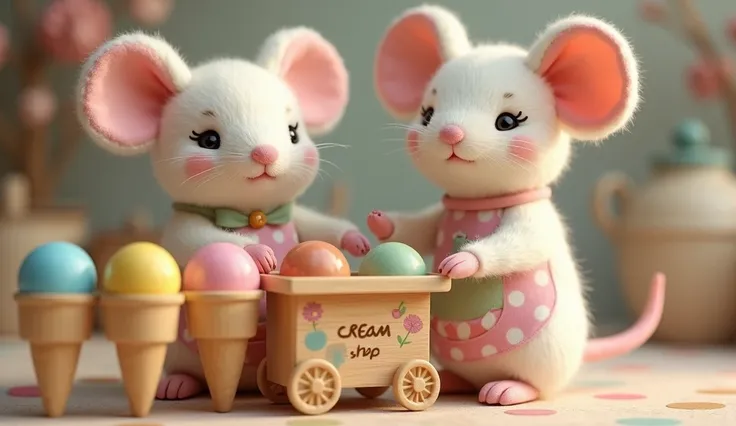 A cozy and detailed scene featuring anthropomorphic mice that look like classic stuffed toys made from soft cotton fabric with visible seams. In the foreground, highly detailed wooden ice cream cones with colorful, round scoops in pastel colors (yellow, pi...