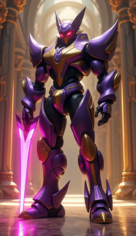 A massive warbot inspired by Vega features sleek, exotic plating in purple and gold, with sharp, aerodynamic edges. One of its arms is replaced by an integrated, curved blade that glows with neon pink energy, extending seamlessly from its forearm. The warb...