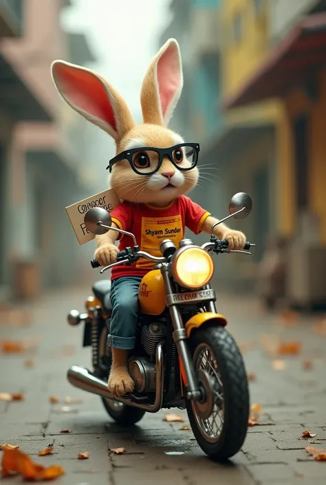 A rabbit, with black specticle & red-yellow tshirt having text Shyam Sundar in motorcycles number plate, riding a motorcycle having text "Recovery visit" carrying a card with text poush end target.