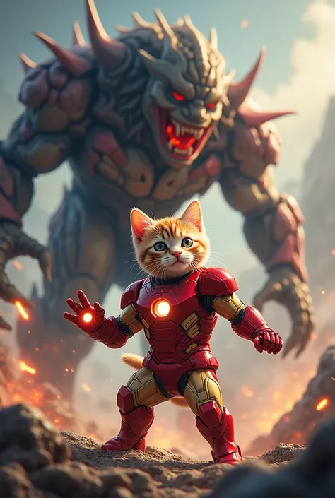 A kitten in Kotsum, Iron Man, fights an evil monster 