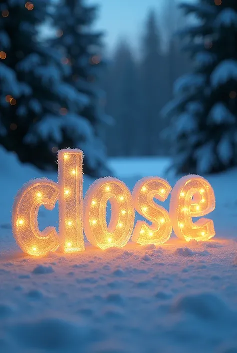  Create a spectacular and somewhat fuzzy Christmas wake and inside it the name  "close" in letters of ice with volume and texture and the edges of a faint golden color .  The scene will be original and like a wonderful work of art and a fairytale 