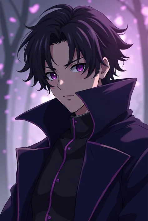  A man with a serious expression and a penetrating look ,  always wearing a long coat in dark tones ,  with purple details , symbolizing your Stand .  His eyes convey the air of someone who has seen a lot,  but you dont shake easily . anime style , 