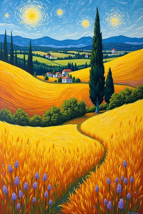 Draw a yellow landscape that looks like it was painted by Van Gogh