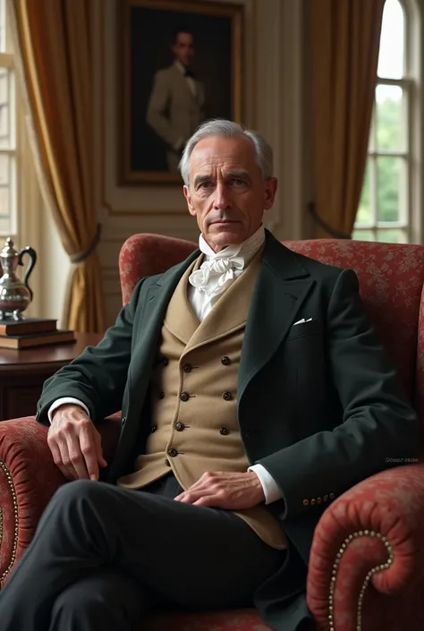 an older but handsome man in a rengency-era living room