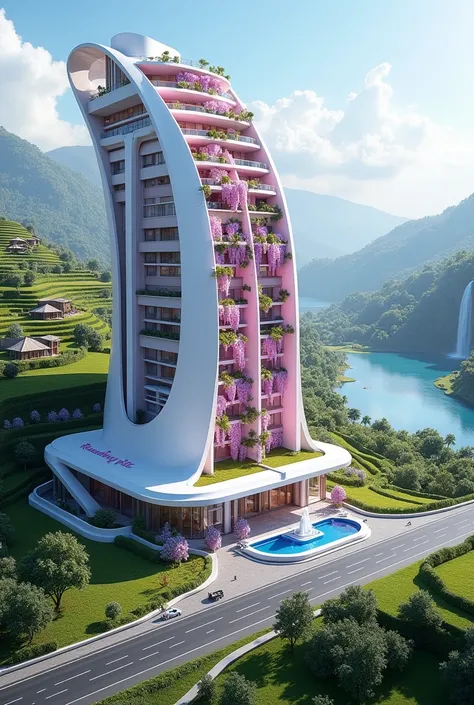 Generate a futuristic Hotel Luxury building  with the logo RUSDHY CITY, Daylight, plant and antique hut rooftop, (((white and pink wisteria flowers))), Fountain in pool, (((Adjacent to the highway))), ((highway intersection)), ((surrounded by many small, s...