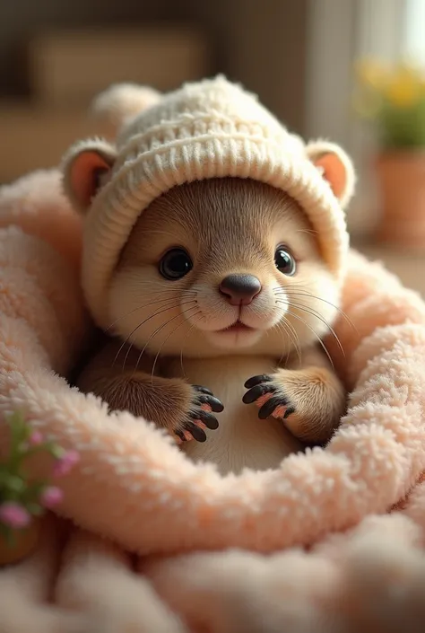 Adorable baby beaver, fluffy, very cute, chubby, fat, with nightcap, in pyjamas, super cute, realistic, in bed, very small, tiny