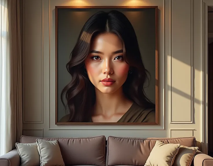 Half-length portrait of a Pakistani-Mongolian woman with a beautiful, flawless face and flawless makeup, painted with hot wax, texture, and gloss, hanging on the wall in a modern penthouse living room