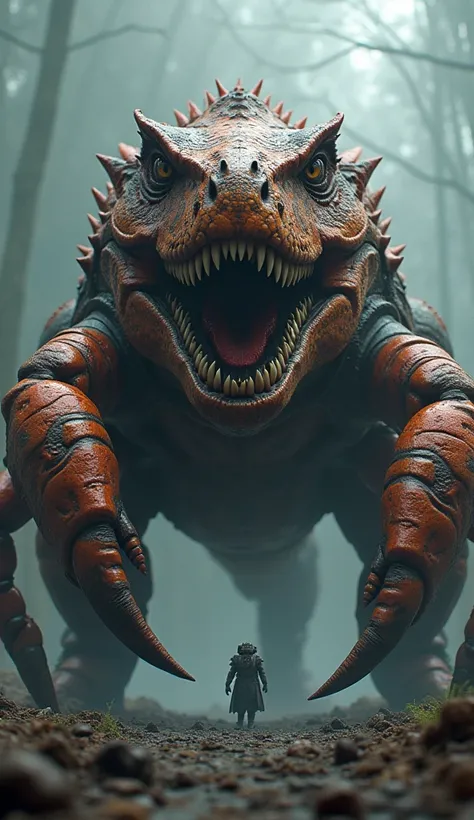 I want to see combination of giant T-Rex and giant king crab with sharp teeth 