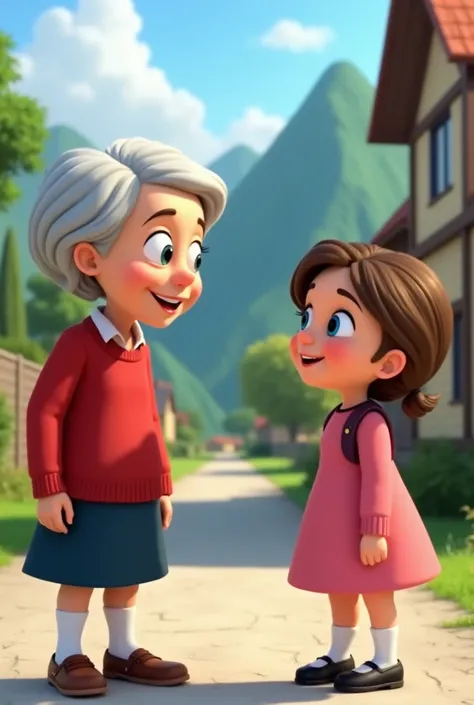 Create an animated image of a cheerful grandmother in a red sweater and dark blue skirt with brown shoes and white tights talking to a girl, her cheerful granddaughter with blue eyes and a pink dress with black and half white shoes outside a house on a str...