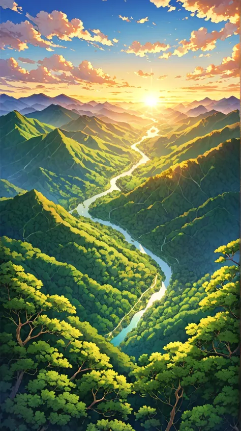 bird&#39;s eye view、Mountainous Regions、The forest spreading out below、Sunset in the distance、sunset、