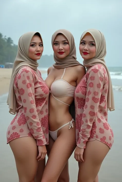 55 years old , three (3) Malaysian woman ,  wearing beige pashmina hijab ,  Wearing a transparent shirt with red batik print, and ((wear transparent panties in vanilla color thong model)), baand montok , pretty face, red lips, Sensual smile , bitten lip ((...