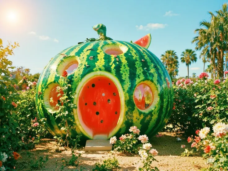 A unique house inspired by a watermelon, ultra-detailed and realistic. The round structure mimics the watermelon’s shape, with a green-striped exterior as the walls. The roof is cut open to reveal a vibrant red interior with black seed-like accents, formin...