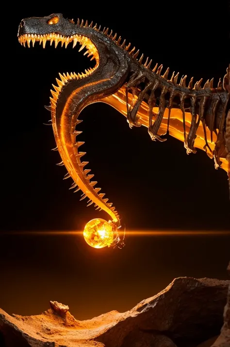 Create a detailed and cinematic depiction of a glowing amber fossil encasing the shadowy silhouette of a Tyrannosaurus rex skeleton, inspired by the iconic Jurassic Park theme. The fossil should have a circular, cracked outer edge, illuminated with warm, g...