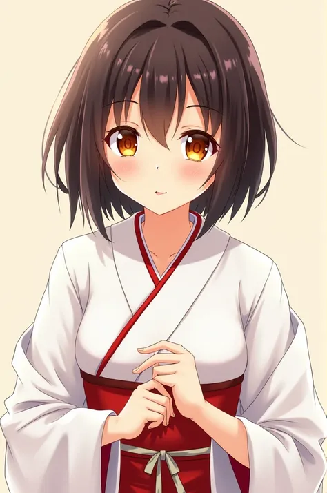  anime girl image, Beautiful face,  short dark brown hair, orange eyes, light skin,  medium breasts ,  slim body,  She measures 159 cm  , She wears a traditional white kimono with red details, watching from the front, He is 18 years old.