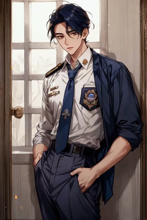 masterpiece, best quality, high school boy, navy hair, indonesian sma uniforms, handsome, otome game, looking at camera, love interest, aesthetics, Highly detailed, novel cover, daylight,