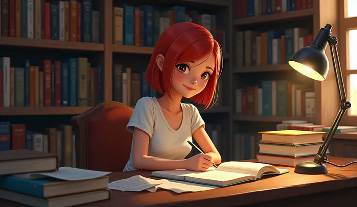  A writer sitting next to a desk ,  behind a bookcase with encyclopedias and books.  She has short straight hair , Red-haired color,  light brown skin ,  brown eyes, She is thin and smiles  