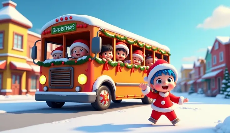 "Create a 3D animation scene of a cheerful, festive Christmas bus decorated with red and green holiday ornaments, garlands, and candy canes. The bus is covered with light snow, and the wheels have candy-striped designs. Several ren, dressed in Christmas-th...