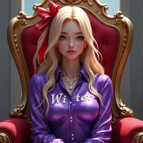 Pretty girl sitting on queen chair wearing glossy purple shirt with name "WINTER" with diamond necklace and red ribbon blonde hair 