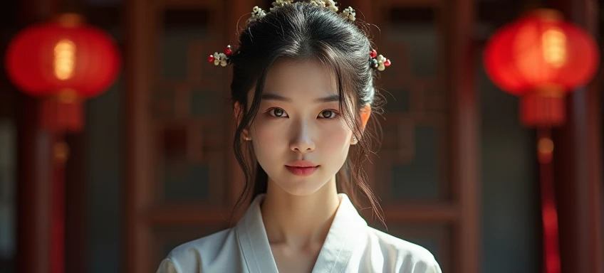 ((No NSFW)), best quality, masterpiece, highres, 1girl, china hanfu, chinese architect background, hair ornament, necklace, jewelry, Beautiful face, full body, tyndall effect, photorealistic, dark studio, rim lighting, two tone lighting, (high detailed ski...