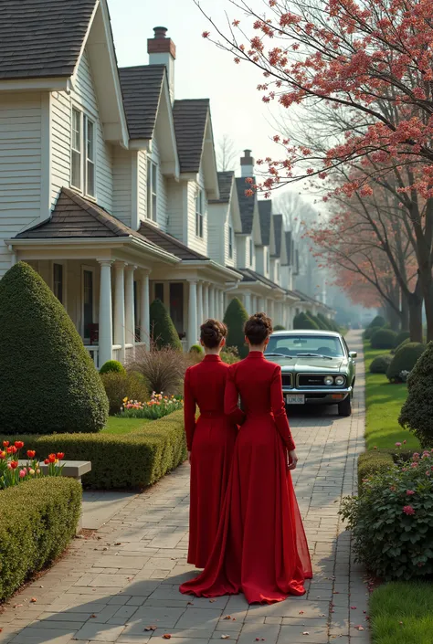  Create a picture of a side street from the 19 . century, white houses with wooden façade ,  front gardens with beautiful hedges and flowers such as tulips ,  in the driveway is a black Pontiac ,  two plumes in long red clothes with white fabric stretched ...