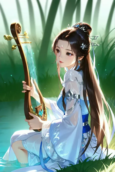 huhu g, zhu xian, lu xueqi (zhu xian), 1girl, bare legs, brown hair, dress, facial mark, fog, forehead mark, full body, grass, hair bun, hair ornament, instrument, long hair, looking to the side, lyre, outdoors, sitting, solo, water, white dress, highres, ...