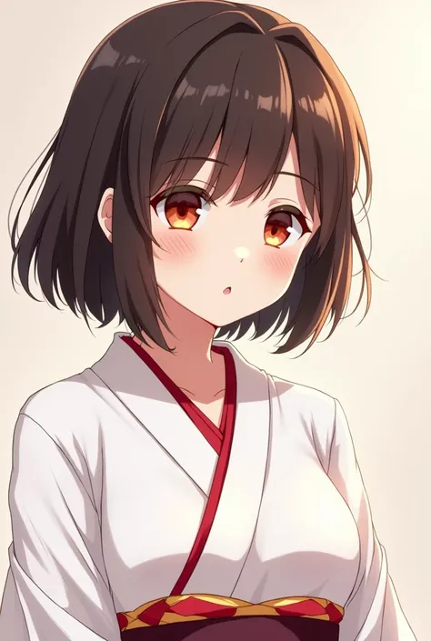  anime girl image, Beautiful face, Japanese girl,  short dark brown hair, orange eyes, light skin,  medium breasts ,  slim body,  She measures 159 cm  , She wears a traditional white kimono with red details, watching from the front, He is 18 years old.