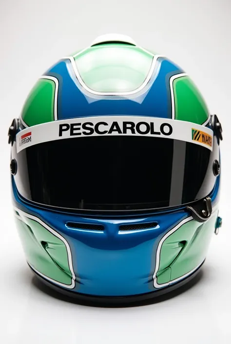 A blue white and green Karting helmet inspired by pescarolo colors 