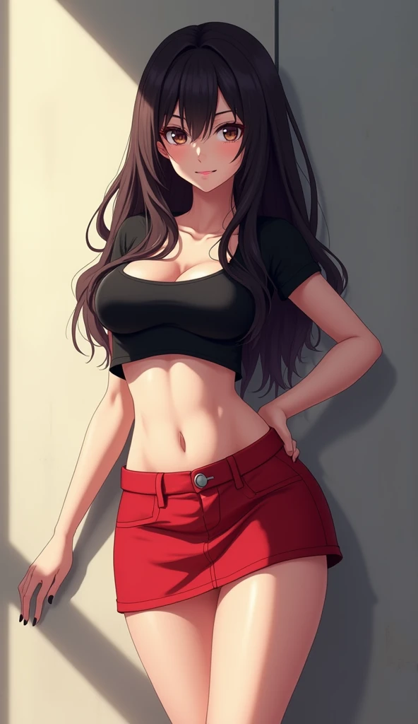 anime girl in a black top and red skirt leaning against a wall, wearing a sexy cropped top, wearing crop top, wearing crop top and miniskirt, wearing a cropped tops, wearing a cropped top, wearing a crop top, with a red skirt, sexy look, skinny waist and t...