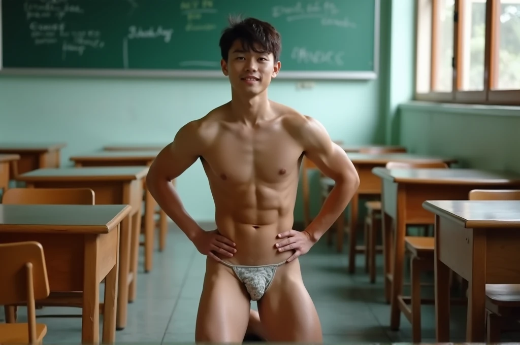 18 year old Thai male teen wearing nothing kneeling pose showing genitals in classroom