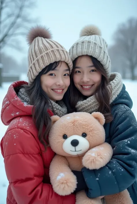 they are two girls with a stuffed animal in their arms, a picture inspired by Ma Yuanyu, instagram, realism, 8k selfie photograph, yoshitomo nara and aya takano, cold, vacation photo, cold as ice! 🧊, shot on gopro9, 8k)), taken on go pro hero8, taken with ...