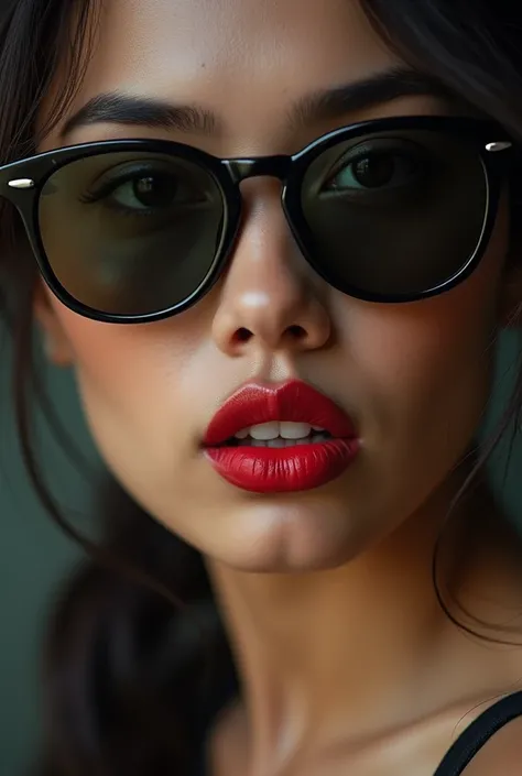 Closeup Thai woman wearing glasses RayBan makes a cool face with red lips biting her mouth