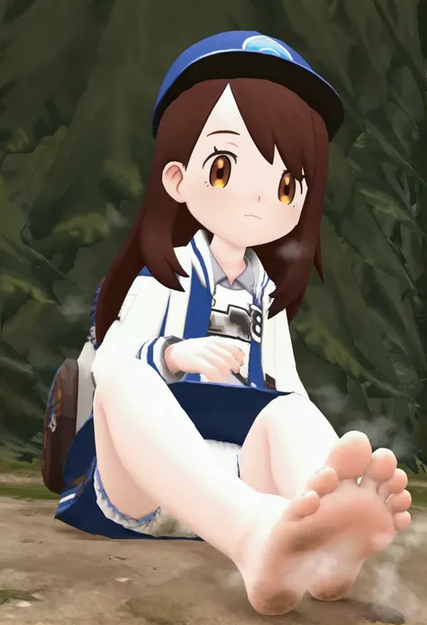 masterpiece, best quality, highres, gloria as a toddler, girl sitting, wet diaper, very cute, adorable, curious, barefoot sole, foot focus, dirt, smelly, stinky, steamy, sweaty