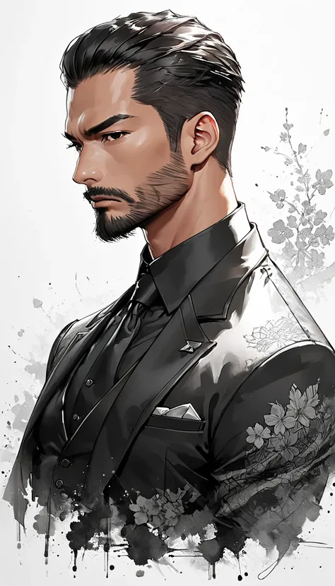 Neo-noir futuristic art style, waist-up, symmetrical shot, a semi-realistic anime-style of man ((facing viewer)). aged 25. Black hair, neatly slicked-back with slight volume on top, parted left, showing a clean line. Warm brown skin, exuding Javanese ethni...