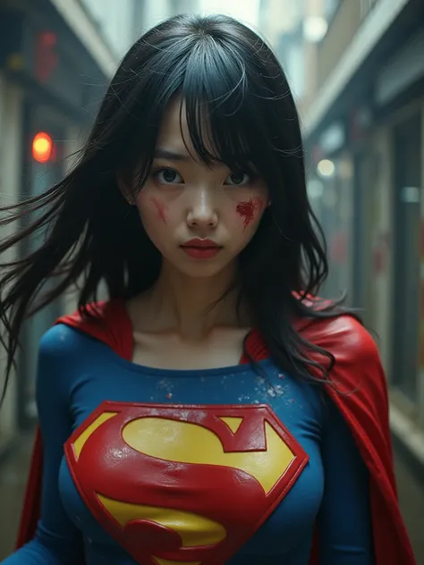 supergirl。  she falls to the ground  。  Japanese woman with a viewing angle of、 a group of monsters are jumping on her 。She has an expression of pain 。She gets hurt  。She is covered in wounds 。 monsters detain her 。 monsters are a group of monsters  。  she...