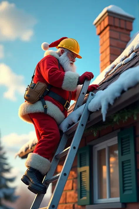 Santa is on the roof of a house with a chimney, a bunk that has come to the base is placed on the floor next to the house. Santa is wearing a PPE kit to work on the heights.