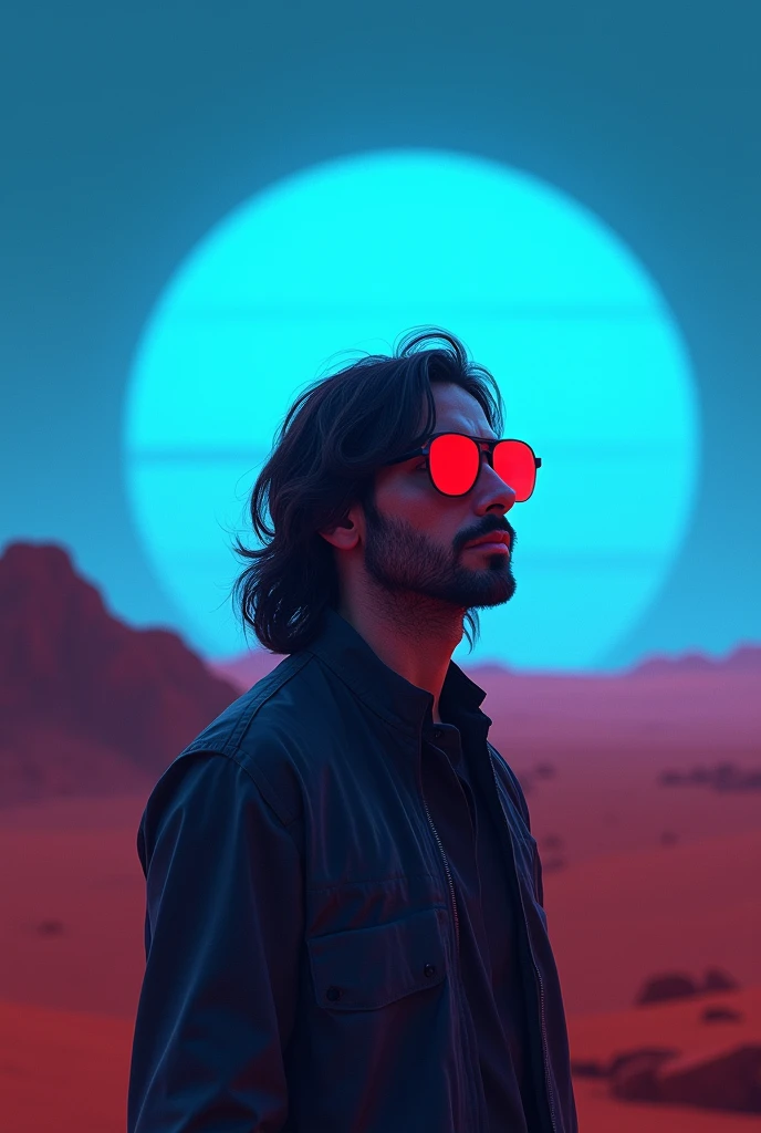 A man having long hair and red sunglass in mars with a blue martian sunset